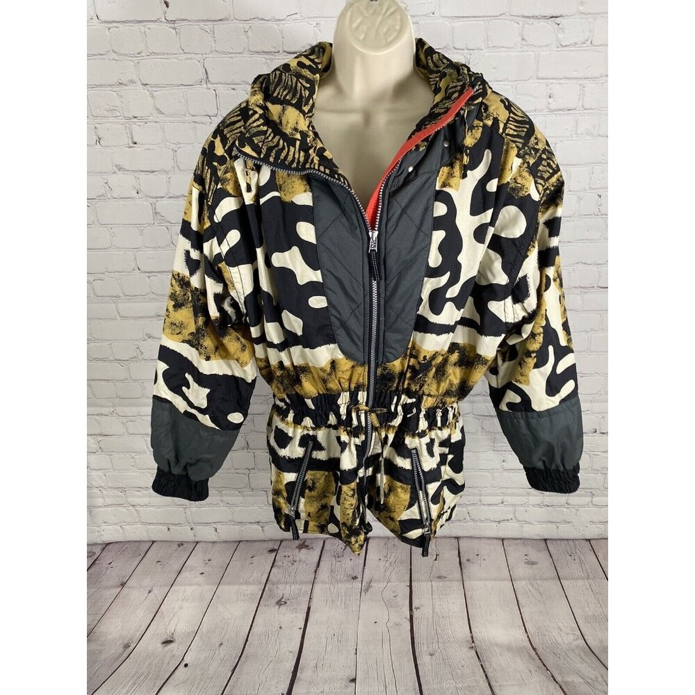 VTG Obermeyer Untamed Black White Yellow Full Zip Hooded Cinched Coat Jacket 12